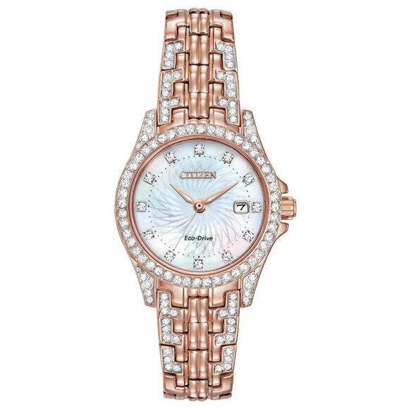 Citizen Women's Crystal Date Indicator Eco-Drive Pink Gold Watch 29MM EW1228-53D - Picture 1 of 5